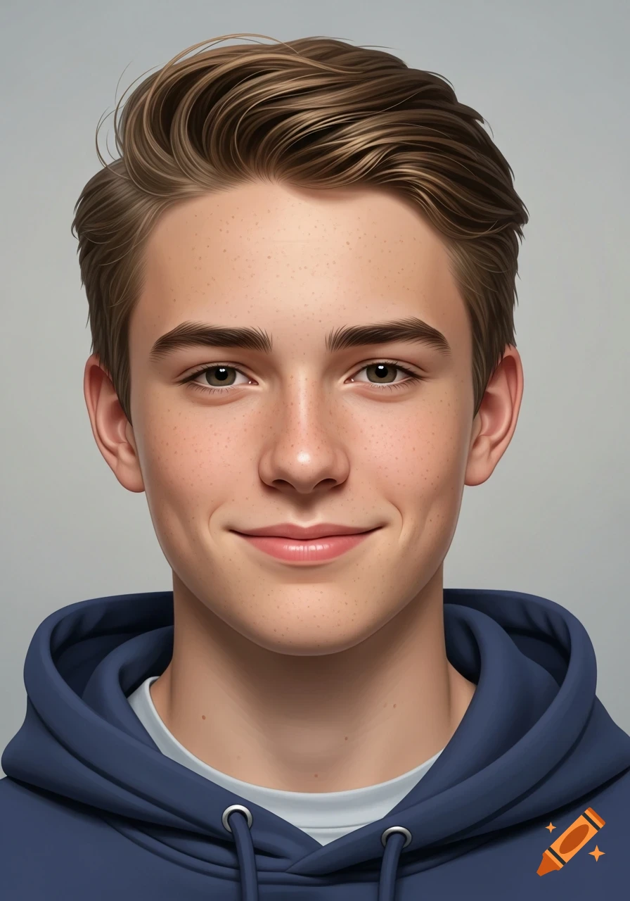 A photorealistic portrait of a smiling teenage boy with light brown hair and freckles, wearing a blue hoodie.