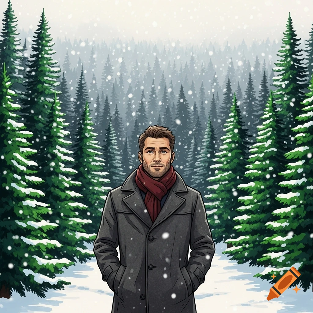 Illustrated man with a beard, wearing a grey coat and red scarf, stands in a snowy evergreen forest.