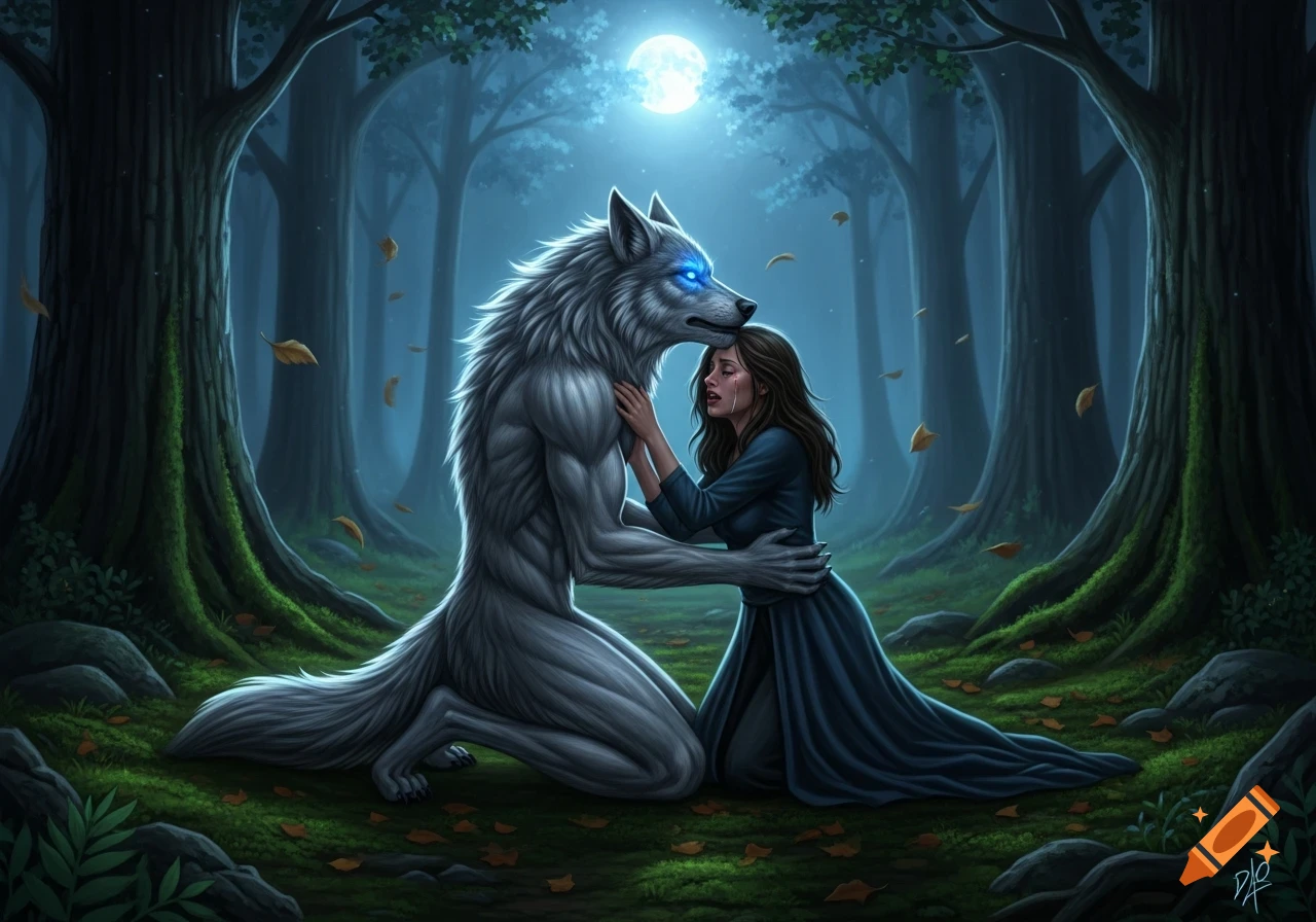A white werewolf with glowing blue eyes embraces a crying woman in a dark, mossy forest under a full moon, depicted in a dramatic fantasy illustration.