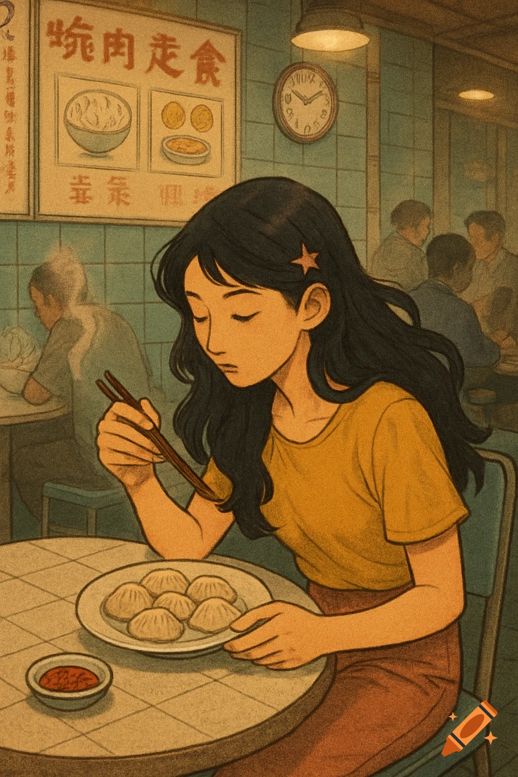 An atmospheric illustration of a young woman with dark hair eating dumplings at a round table in a vintage Hong Kong diner, featuring muted tones and a subtle grain.
