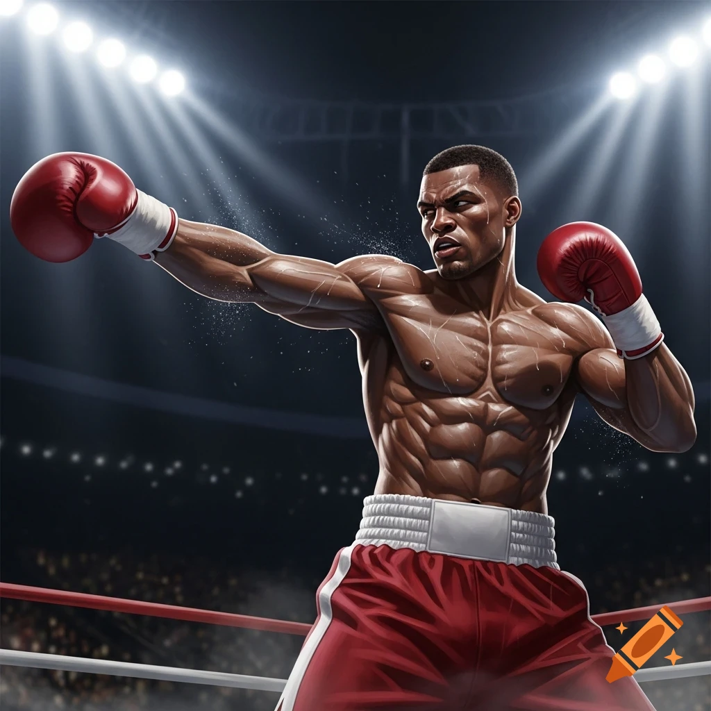 A muscular boxer with dark skin and red gloves throws a left punch in a brightly lit boxing ring.