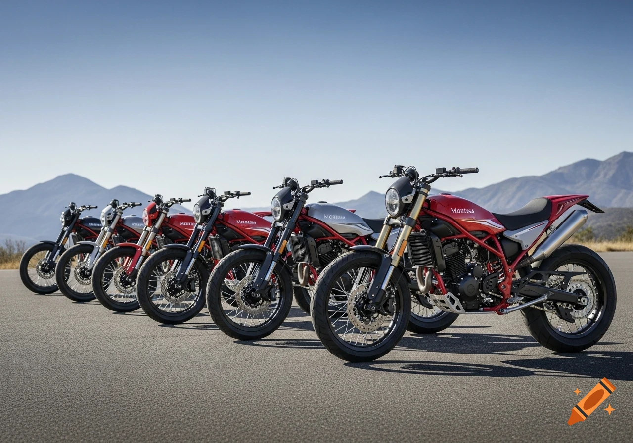 A line of red and grey Montesa motorcycles parked on an asphalt road, with mountains under a clear blue sky in the background.