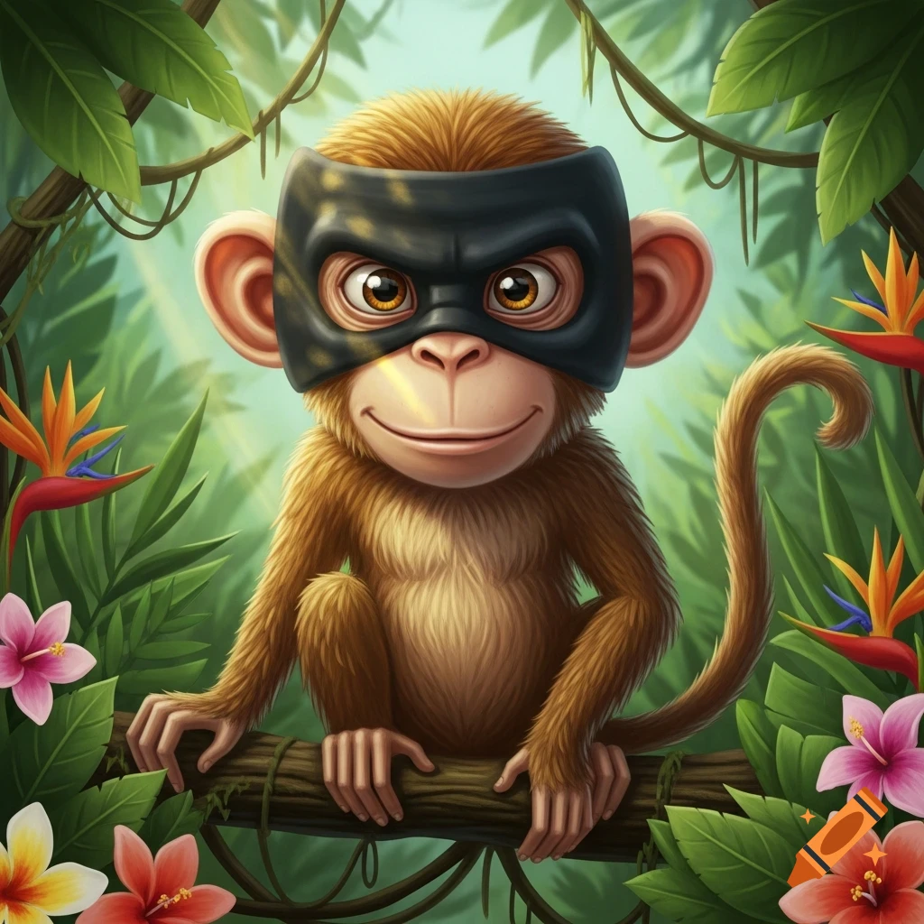 A cute cartoon monkey wearing a black mask sits on a branch surrounded by tropical leaves and flowers.