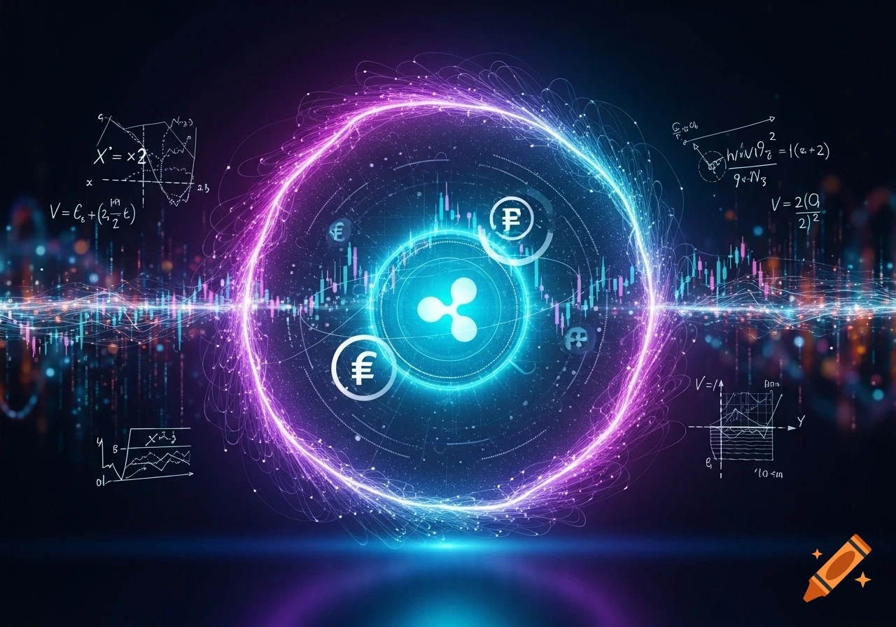 A glowing quantum physics portal with a central Ripple (XRP) logo, surrounded by currency symbols, mathematical equations, and digital data visualizations.