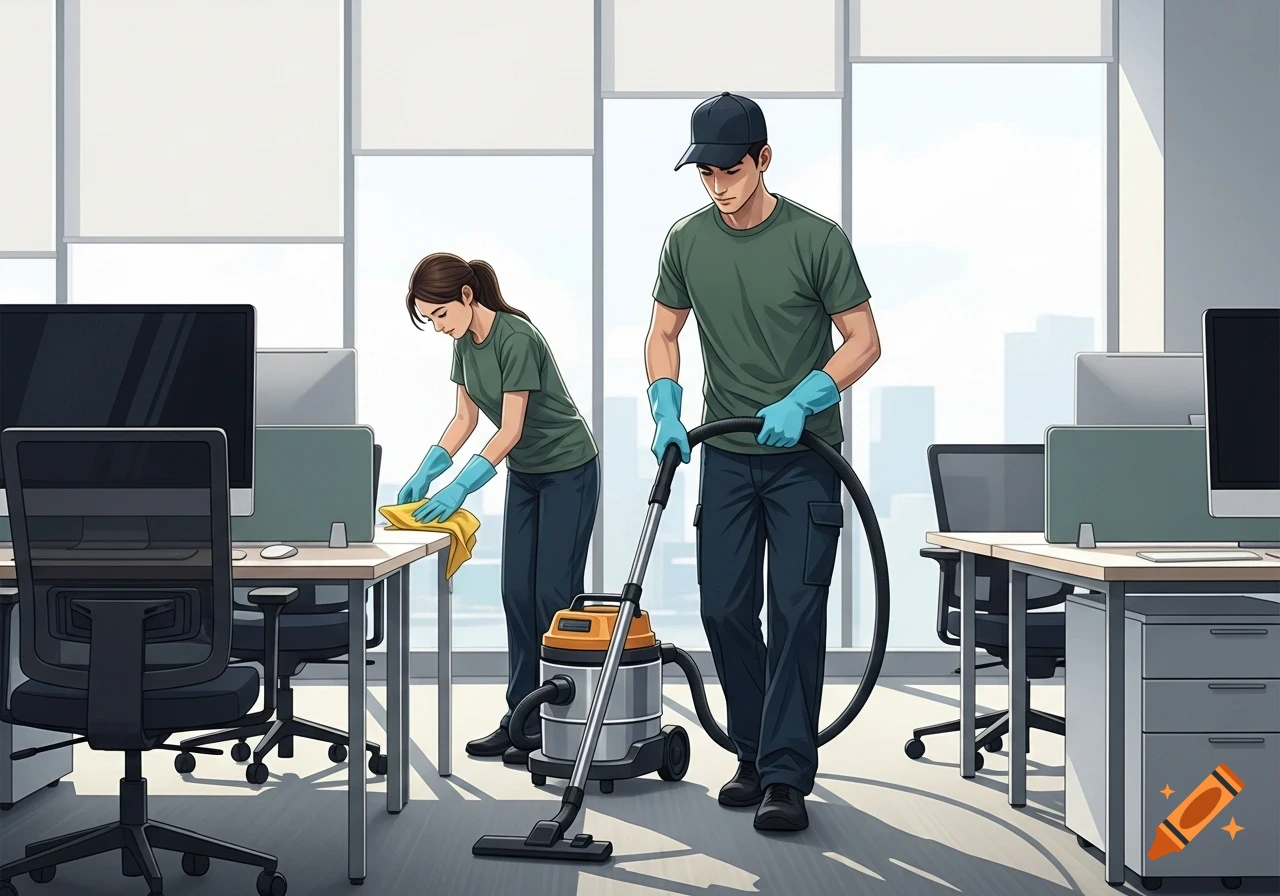 An illustration of two people in green uniforms and blue gloves cleaning a modern office. A man vacuums while a woman wipes a desk.
