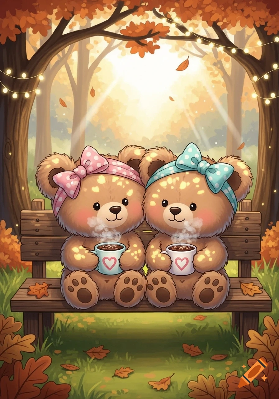 Two cute cartoon bears with bows sit on a bench, drinking hot cocoa in an autumn forest with falling leaves and string lights.