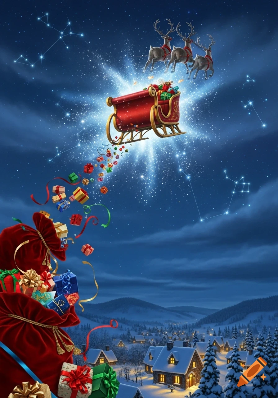 Santa's sleigh, pulled by three reindeer, flies through a starry night sky, dropping colorful presents over a snow-covered village.