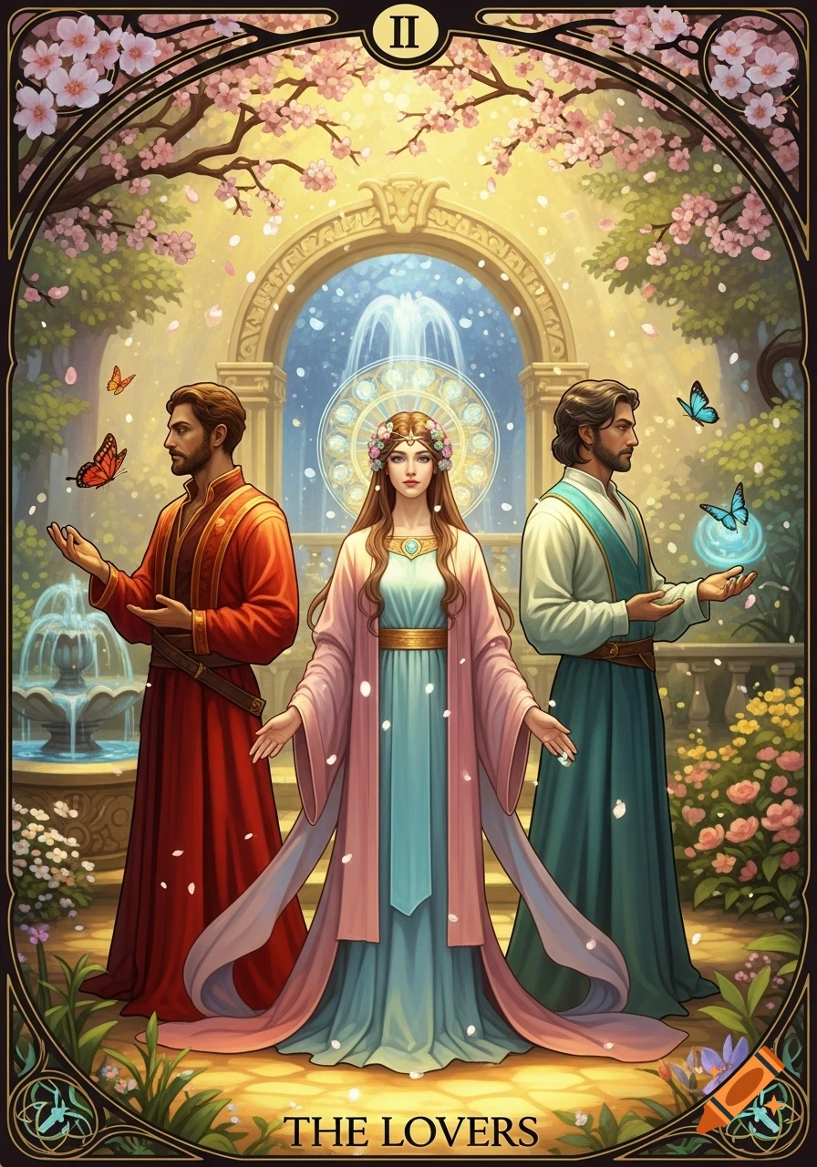 A stylized tarot card depicting a woman between two men in a lush, blossoming garden with fountains and butterflies, labeled 'THE LOVERS' and 'II'.