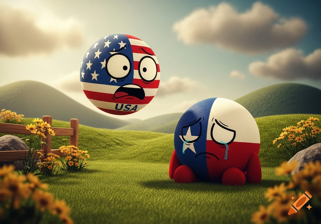 A cartoon USA countryball with a scared expression hovers above a crying Texas flag countryball in a green grassy landscape with hills.