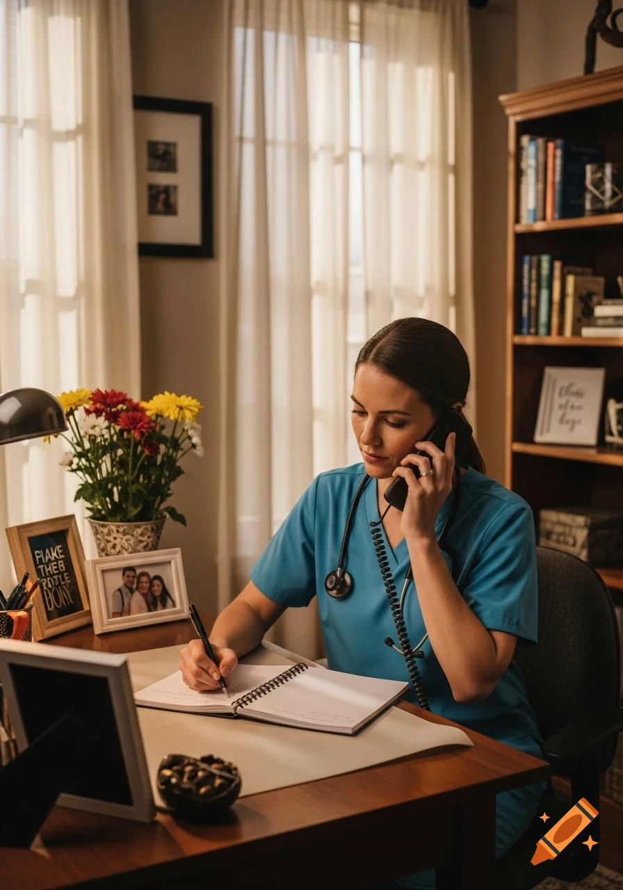 Woman in teal scrubs talking on a landline phone and writing in a notebook at a desk.