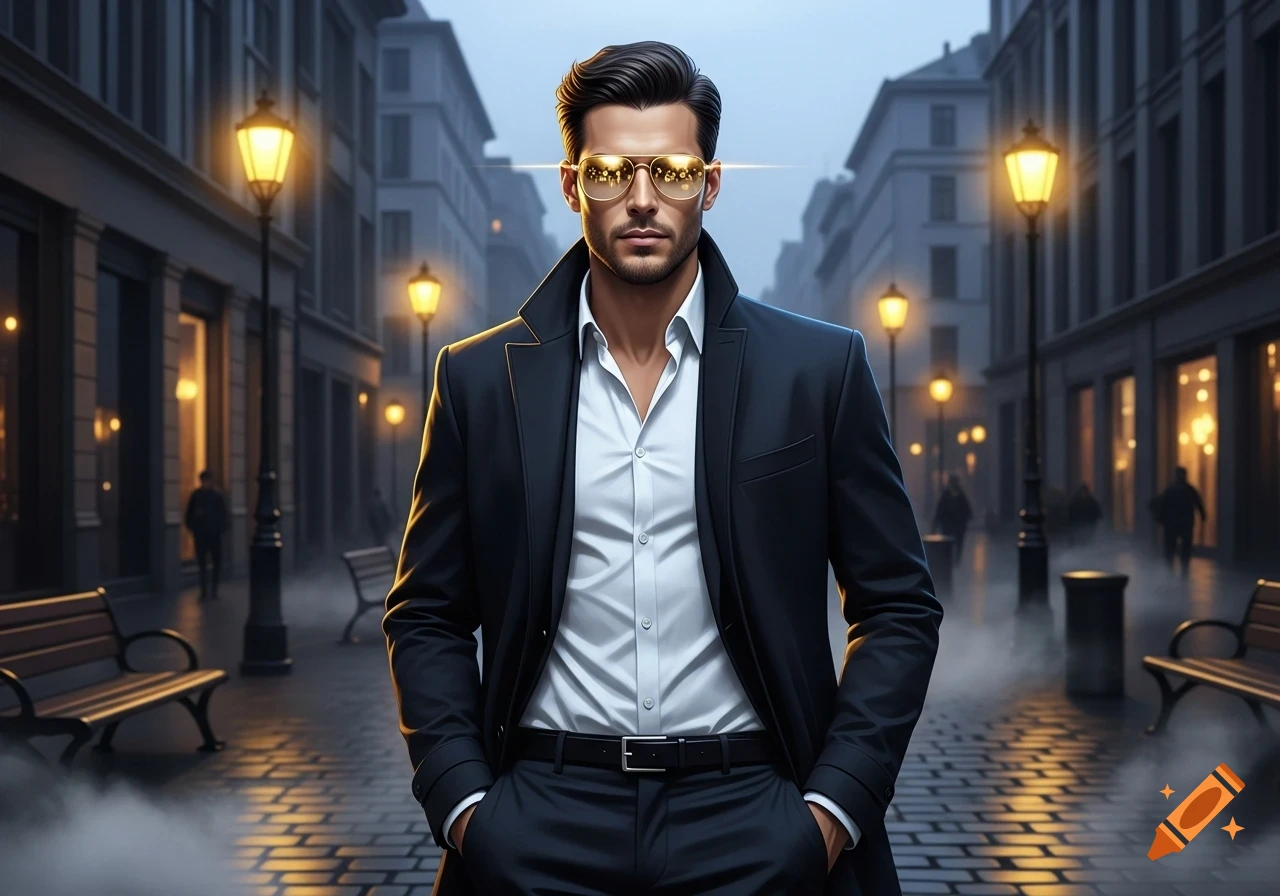 A stylish man in a suit and golden sunglasses stands on a dimly lit ...
