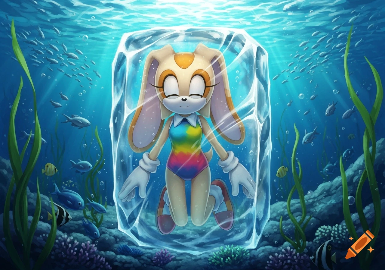 Cream the Rabbit in a rainbow swimsuit, frozen in a block of ice underwater with fish and seaweed in an anime style.