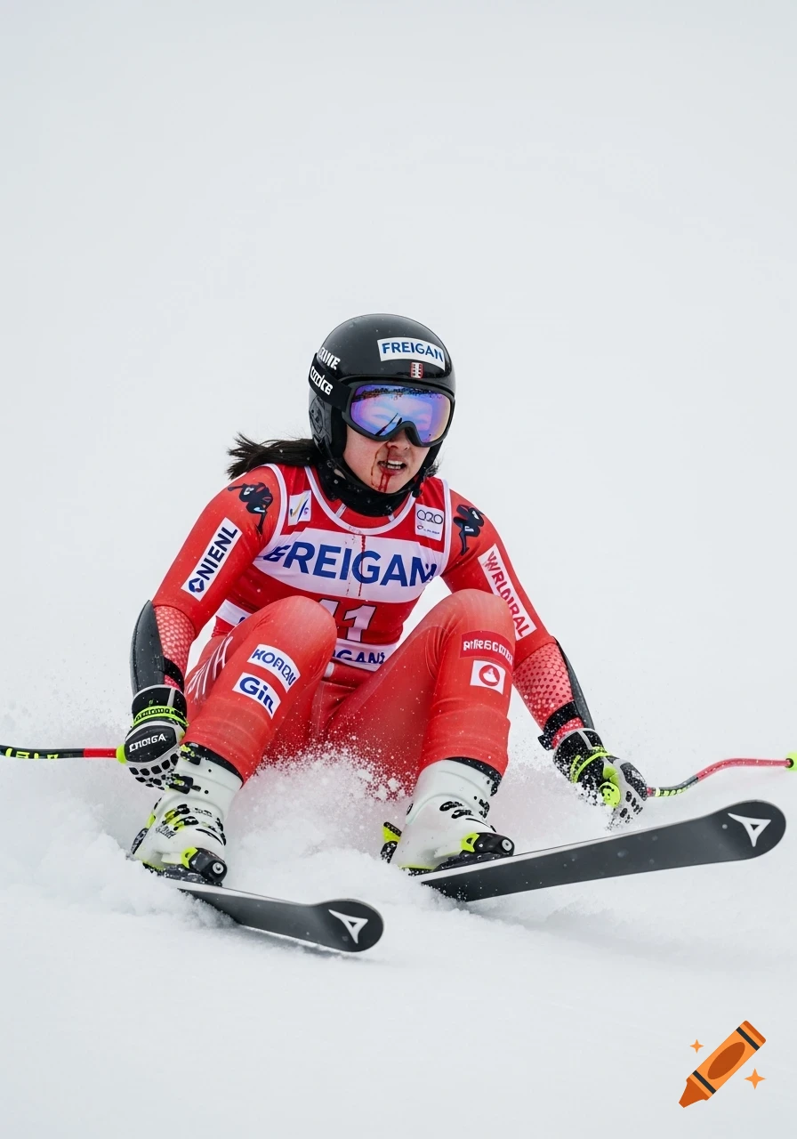 A female skier in a red suit and black helmet, bleeding from her nose, appears to have fallen in the snow.