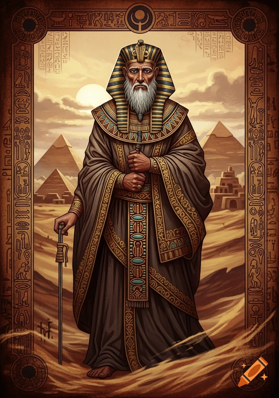 An ancient painting of a white-bearded man in ornate pharaoh headdress and robes, holding a staff, in a desert with pyramids at sunset.