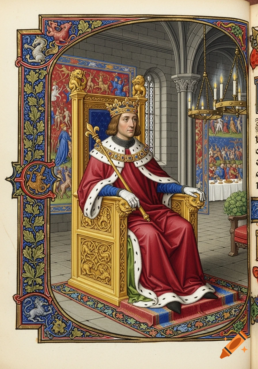 Medieval manuscript illustration of a king in red robes on a golden throne, surrounded by ornate borders.