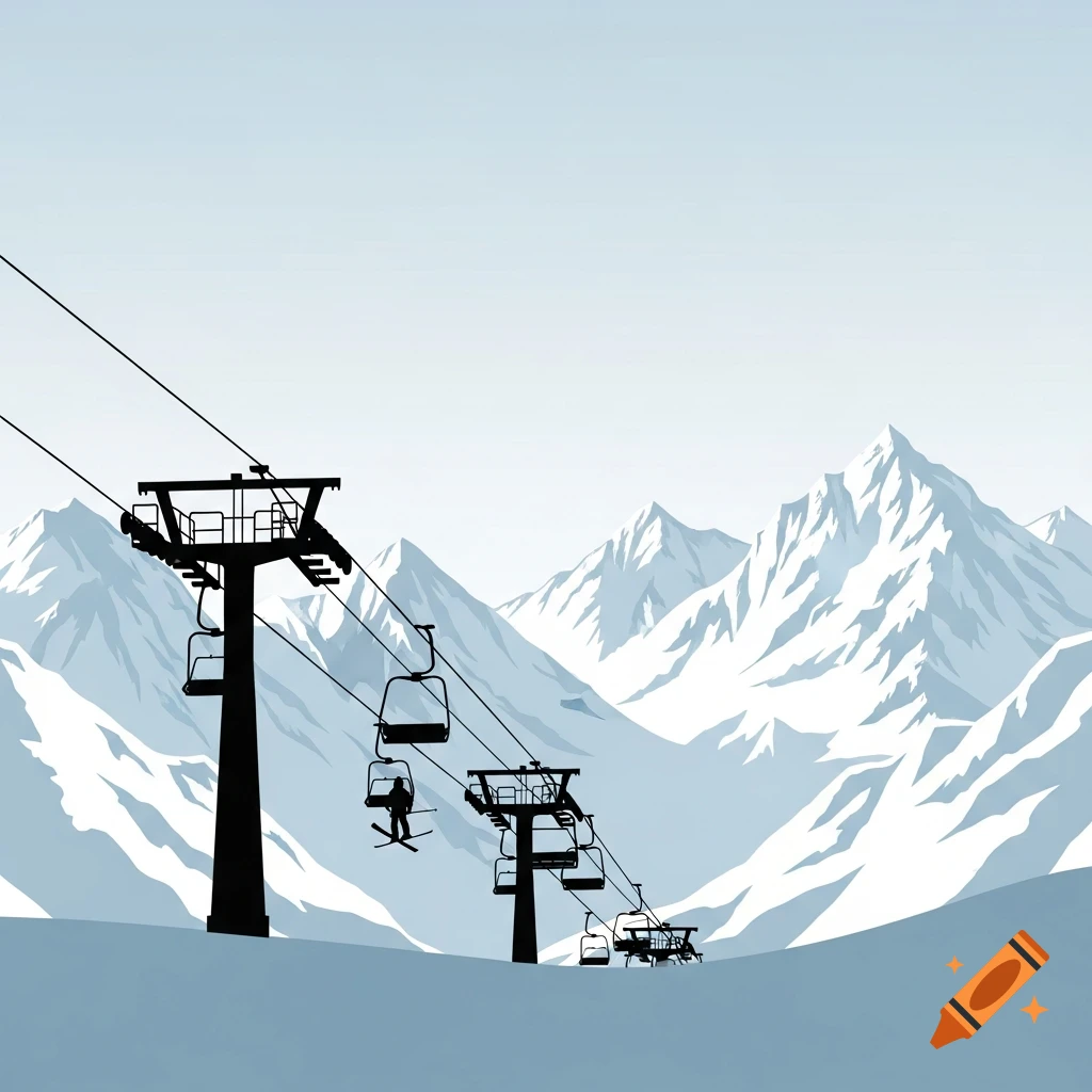 Minimalist illustration of black ski lifts and a skier on a snowy mountain with white peaks under a light blue sky.