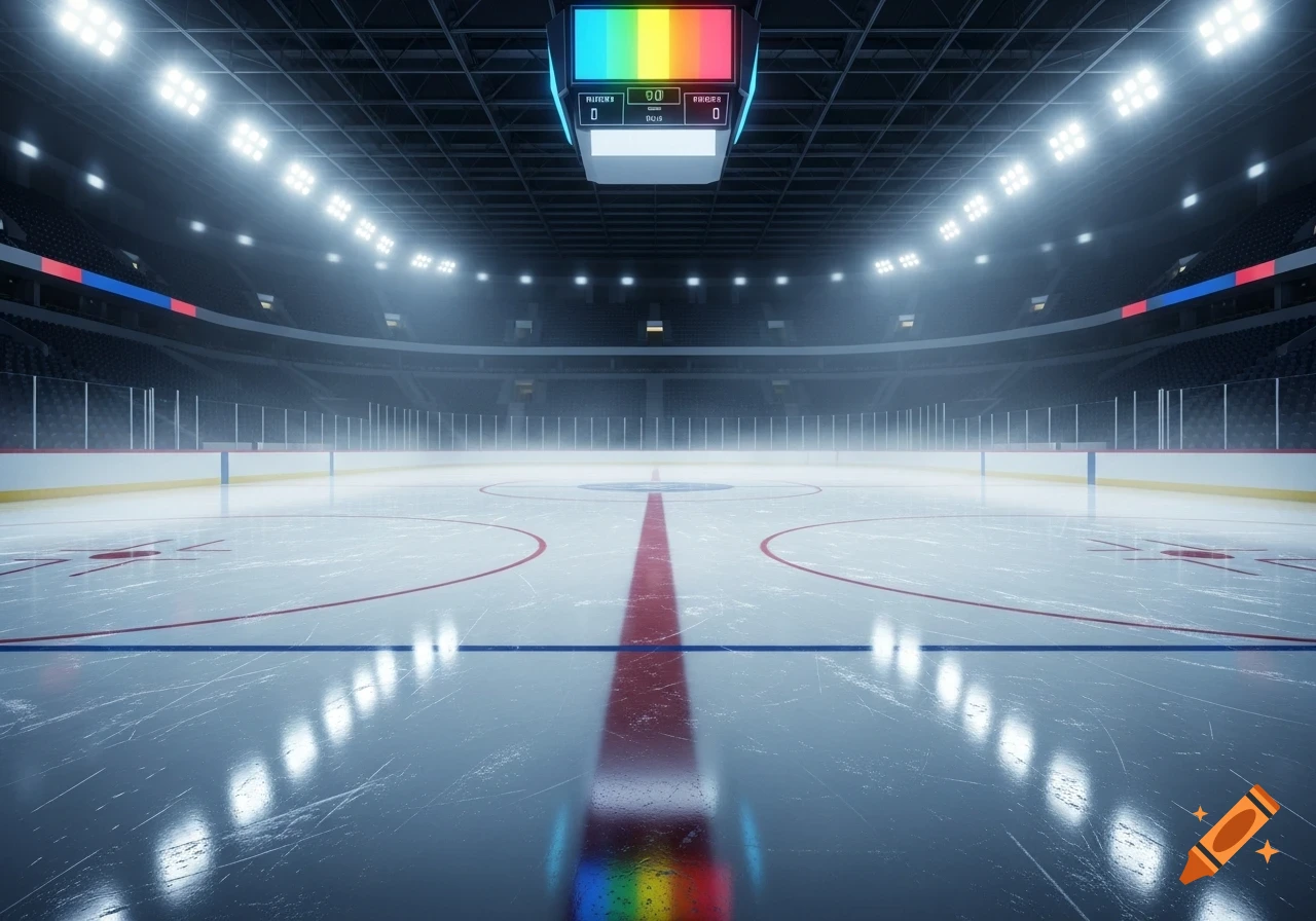 An empty ice hockey rink with bright stadium lights and a scoreboard above center ice, photorealistic.