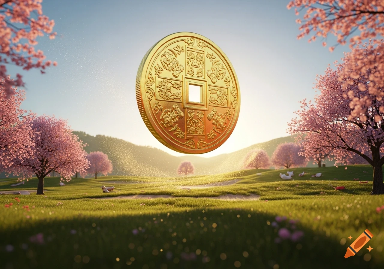 A large, golden, ornate coin with a square hole floats over a vibrant green field filled with pink cherry blossom trees under a clear blue sky.