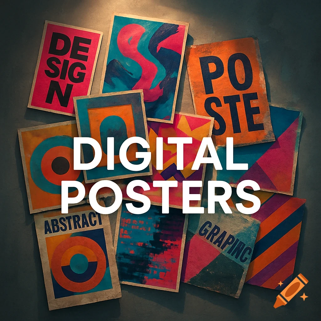 A pile of colorful abstract posters with text, including a large white overlay that reads "DIGITAL POSTERS".