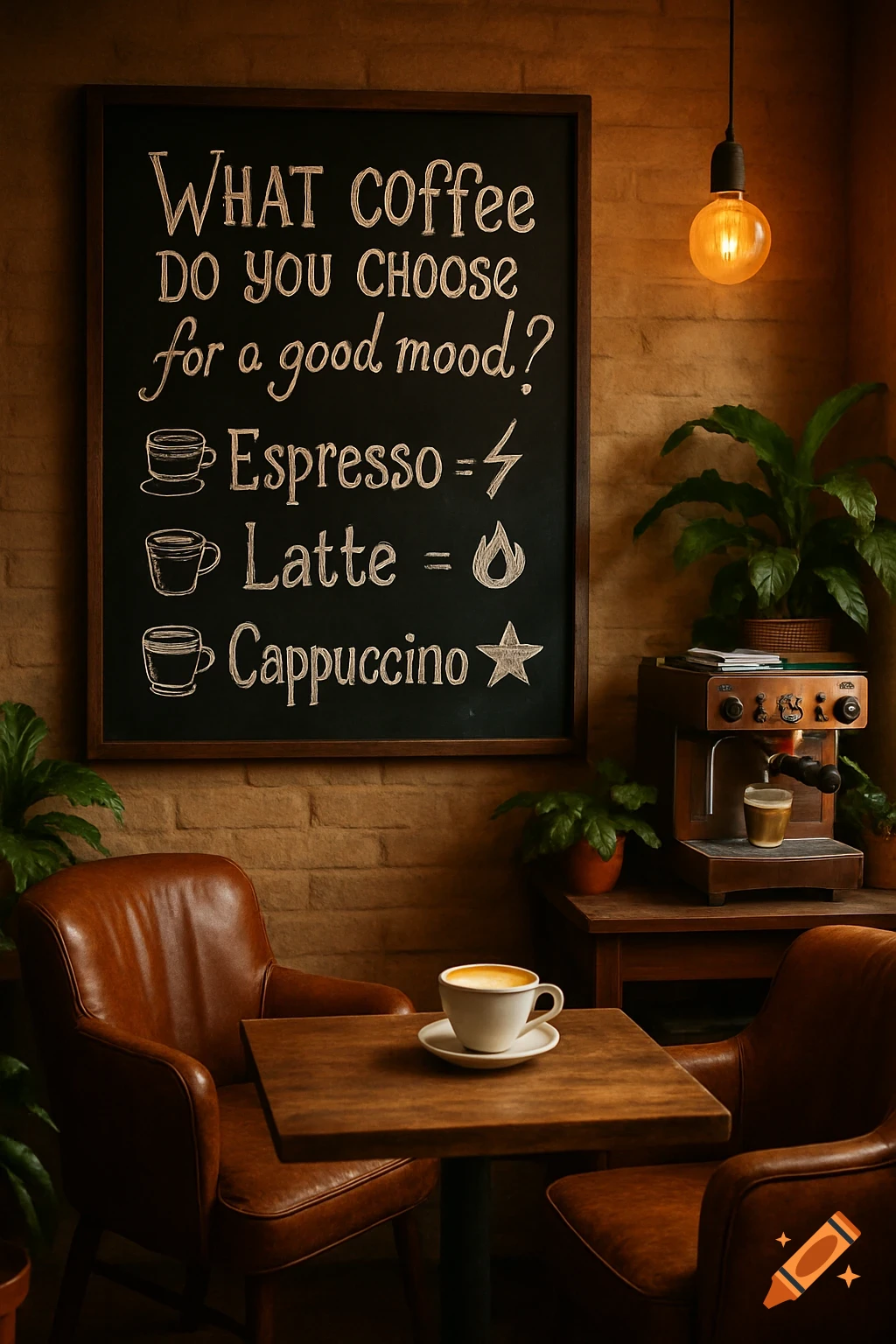 Warmly lit coffee shop interior with leather chairs, a wooden table with a latte, and a chalkboard menu listing coffee options.