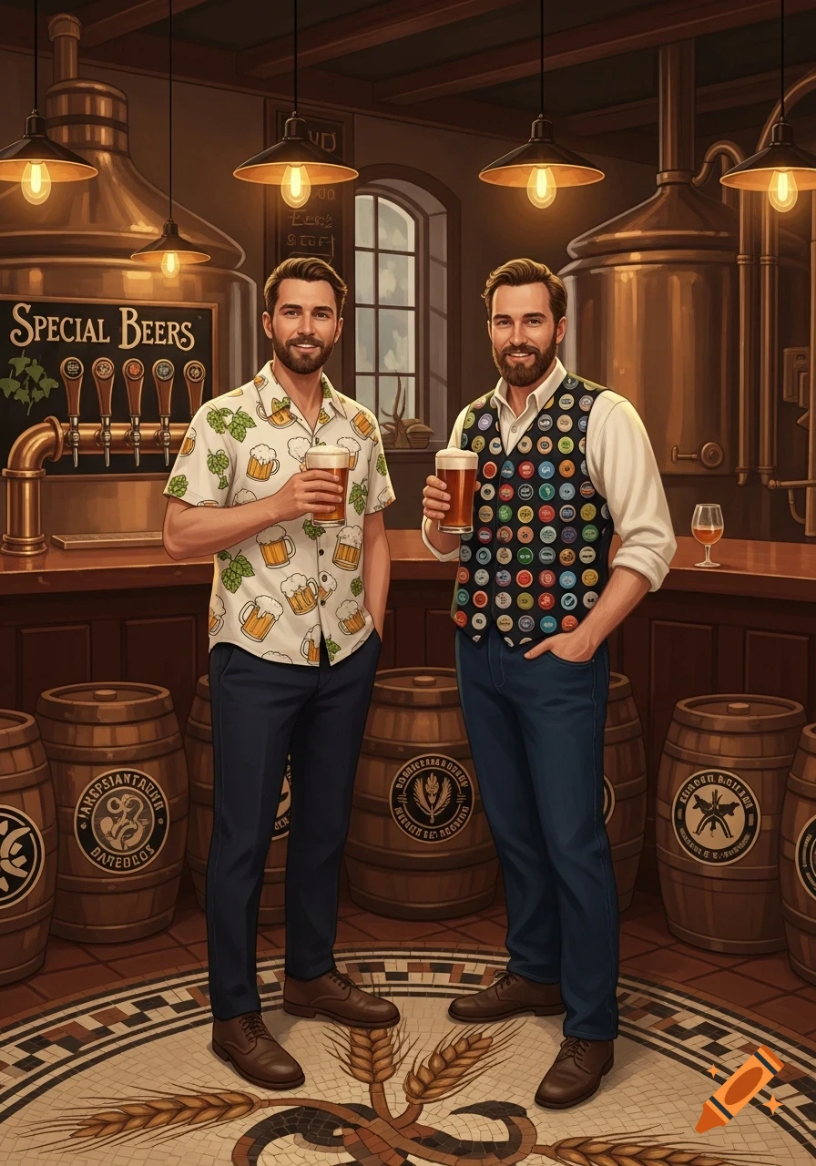 Two men hold beers in a cozy brewery, surrounded by brewing tanks and barrels, with a "Special Beers" sign.