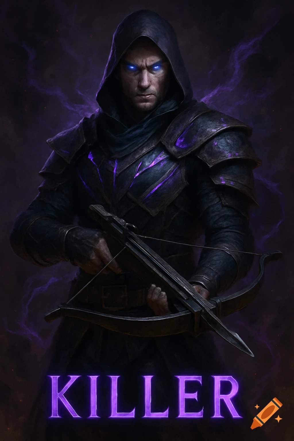 Dark fantasy marksman in black armor with purple glowing accents and blue eyes, holding a crossbow. Purple energy swirls around him. Text 'KILLER' below.