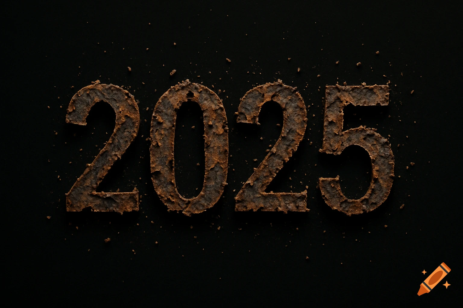 The numbers 2025 are depicted in a rusted, crumbling texture against a dark, dusty background.
