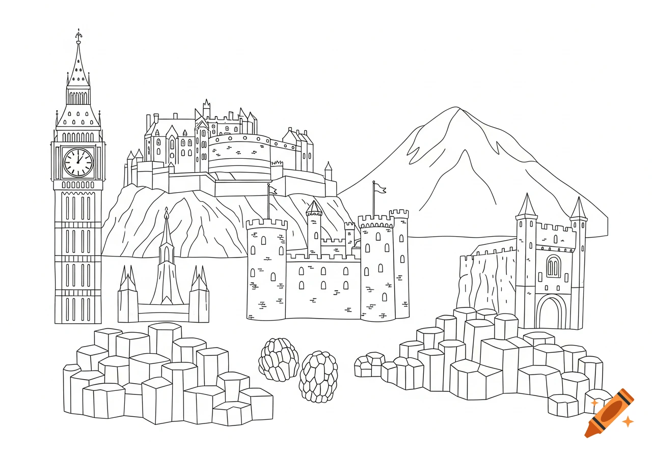 A simple line art drawing of UK and Ireland landmarks, including Big Ben, Edinburgh Castle, a mountain, Caernarfon Castle, and Giant's Causeway.
