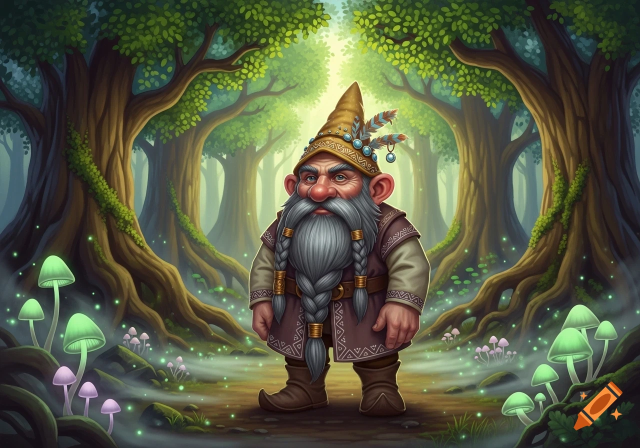 A colorful fantasy illustration of an old gnome with a long braided beard and pointy hat, standing in an enchanted forest with glowing mushrooms.