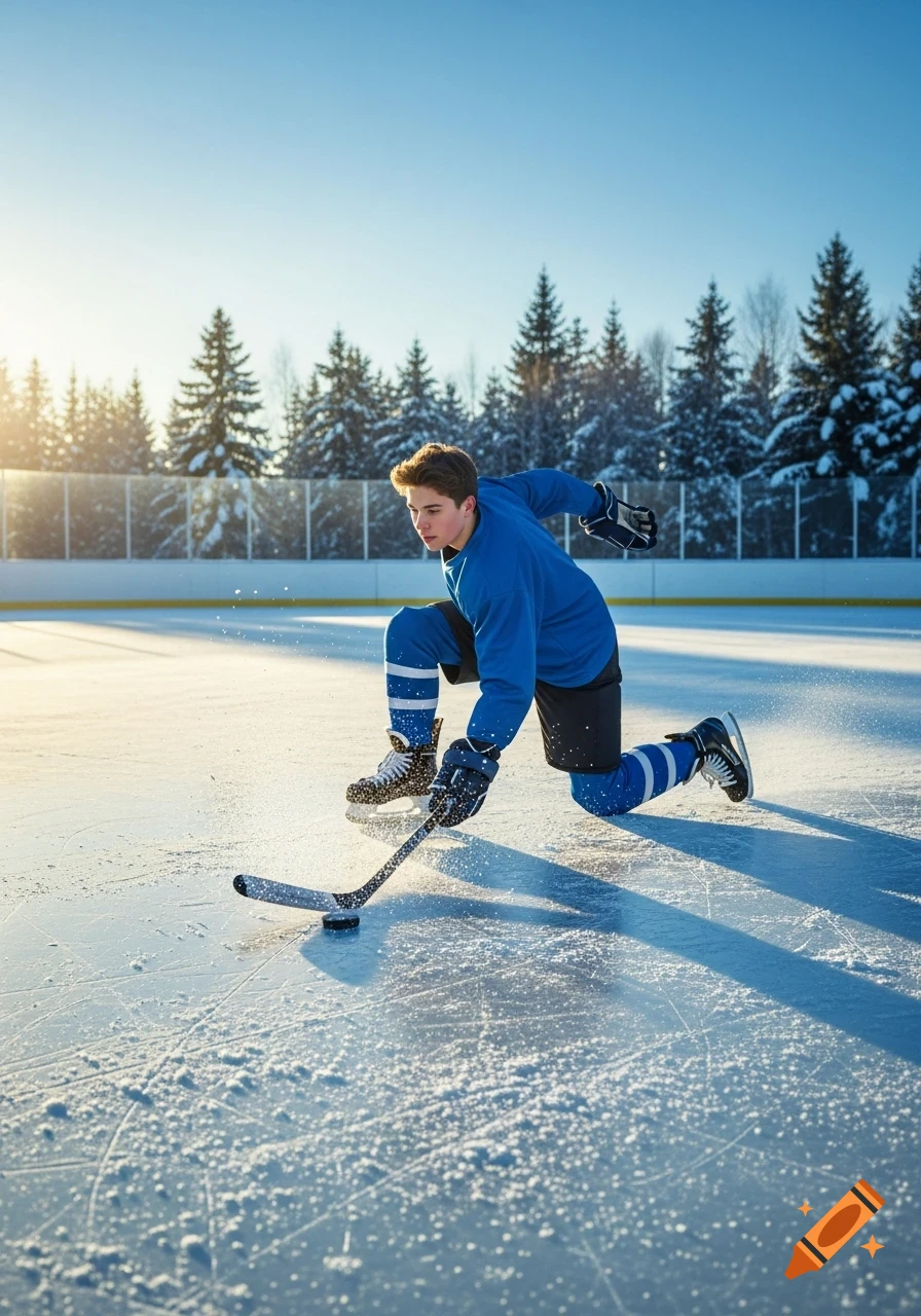 A young boy in blue hockey gear makes a stop on a sunny outdoor ice rink surrounded by snowy trees.