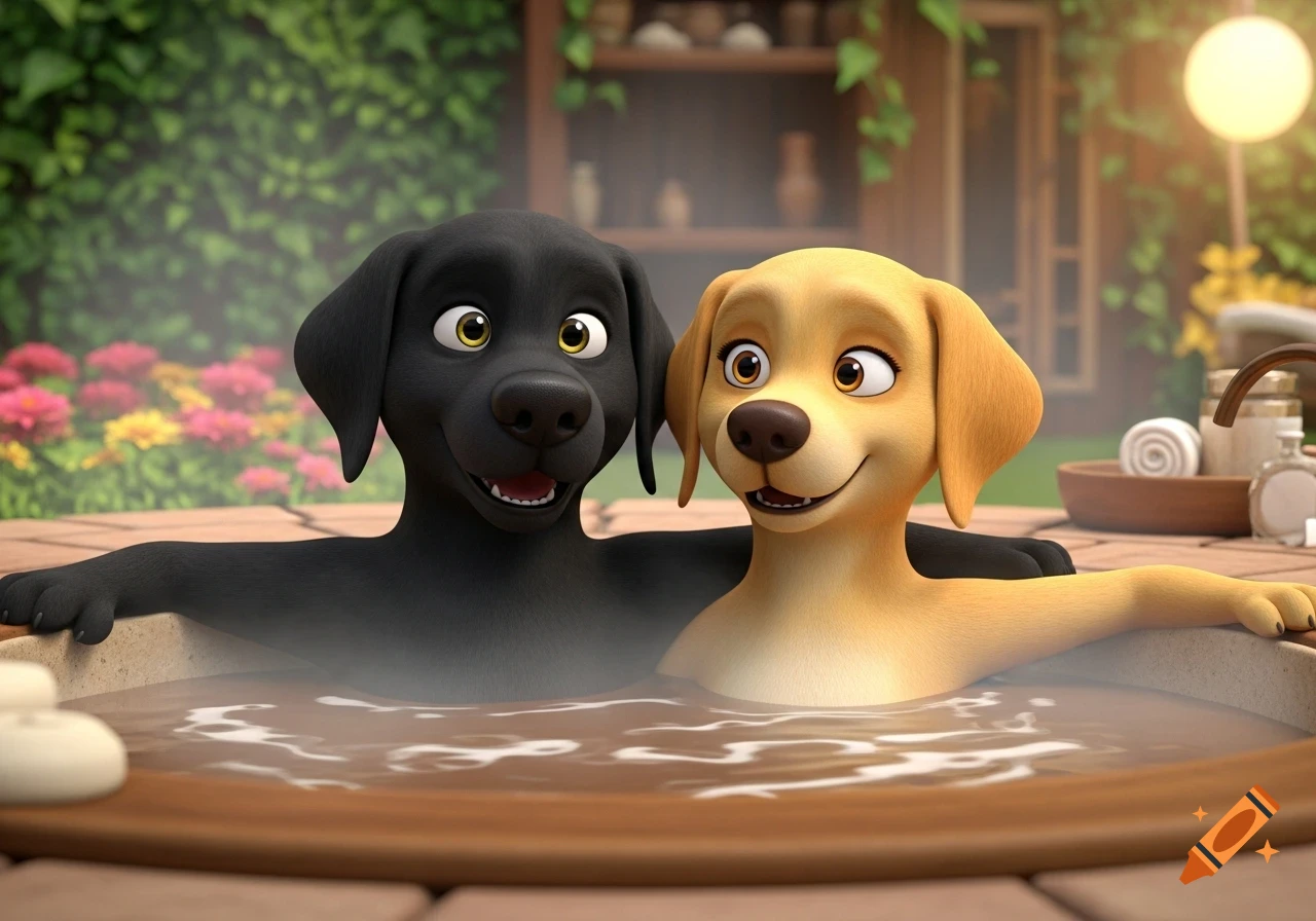 Two cartoon Labrador dogs, one black and one yellow, smiling while relaxing in a hot tub in 3D animation style.