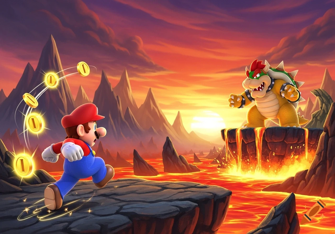 Mario runs towards Bowser across a volcanic landscape filled with lava, collecting golden coins in a vibrant, cartoonish video game art style.