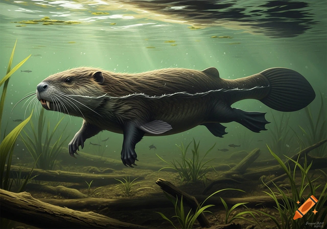 A photorealistic illustration of a beaver-like semi-aquatic mammal ...