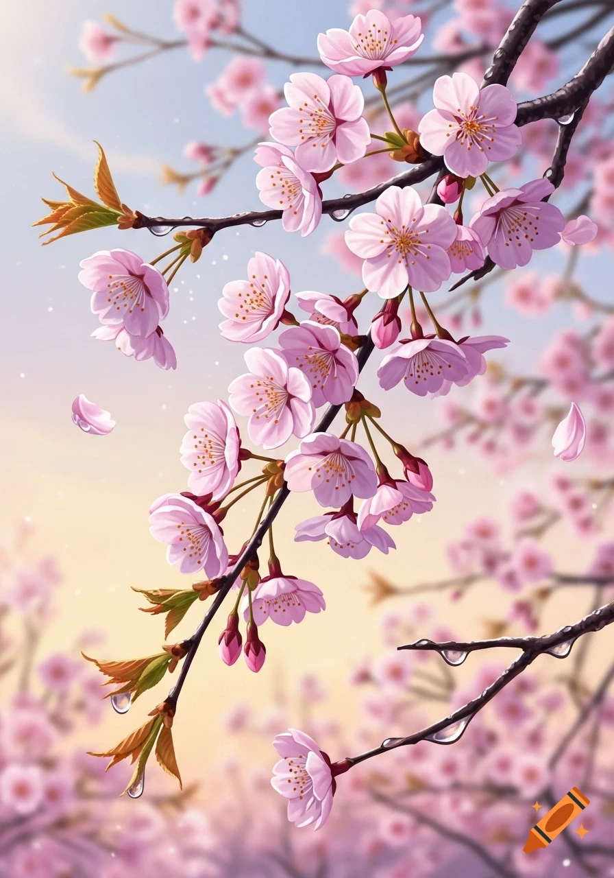Close-up of pink cherry blossoms with dewdrops on a branch against a ...