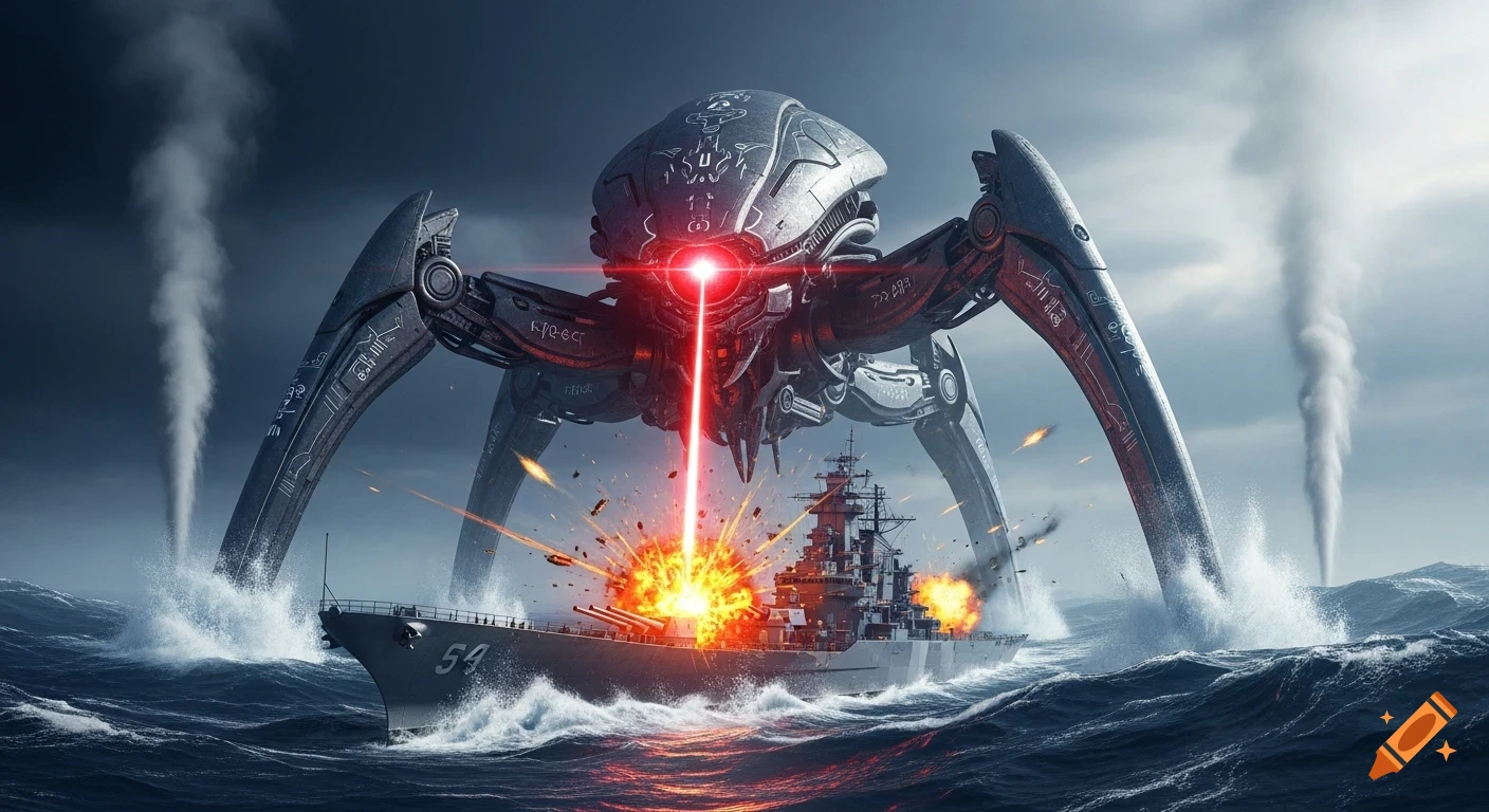 A colossal sci-fi tripod robot firing a laser beam at a battleship in a stormy ocean, causing a fiery explosion. Cinematic style.