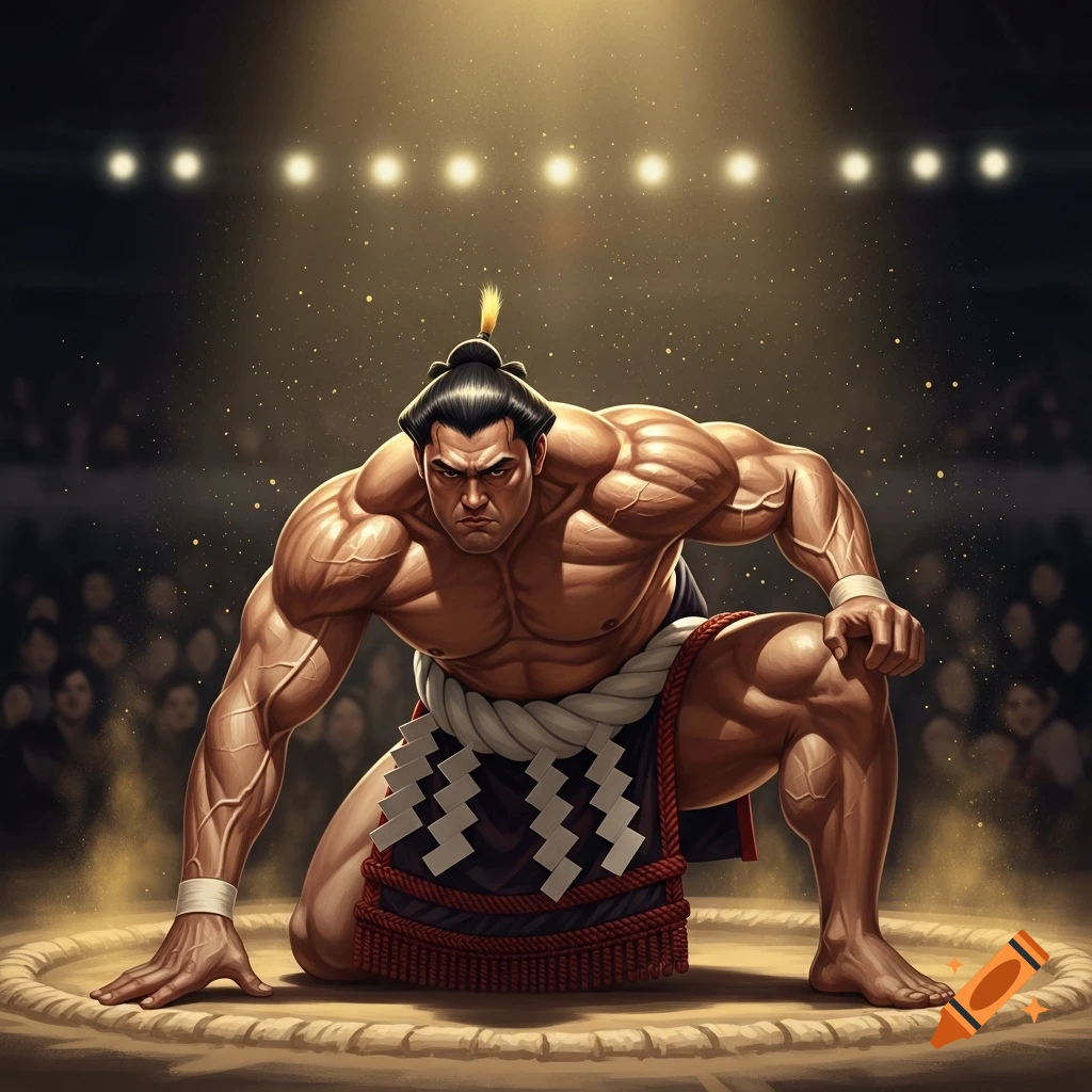 A muscular sumo wrestler in a traditional mawashi kneels in a charging position under bright spotlights in a dohyo with a blurred audience.
