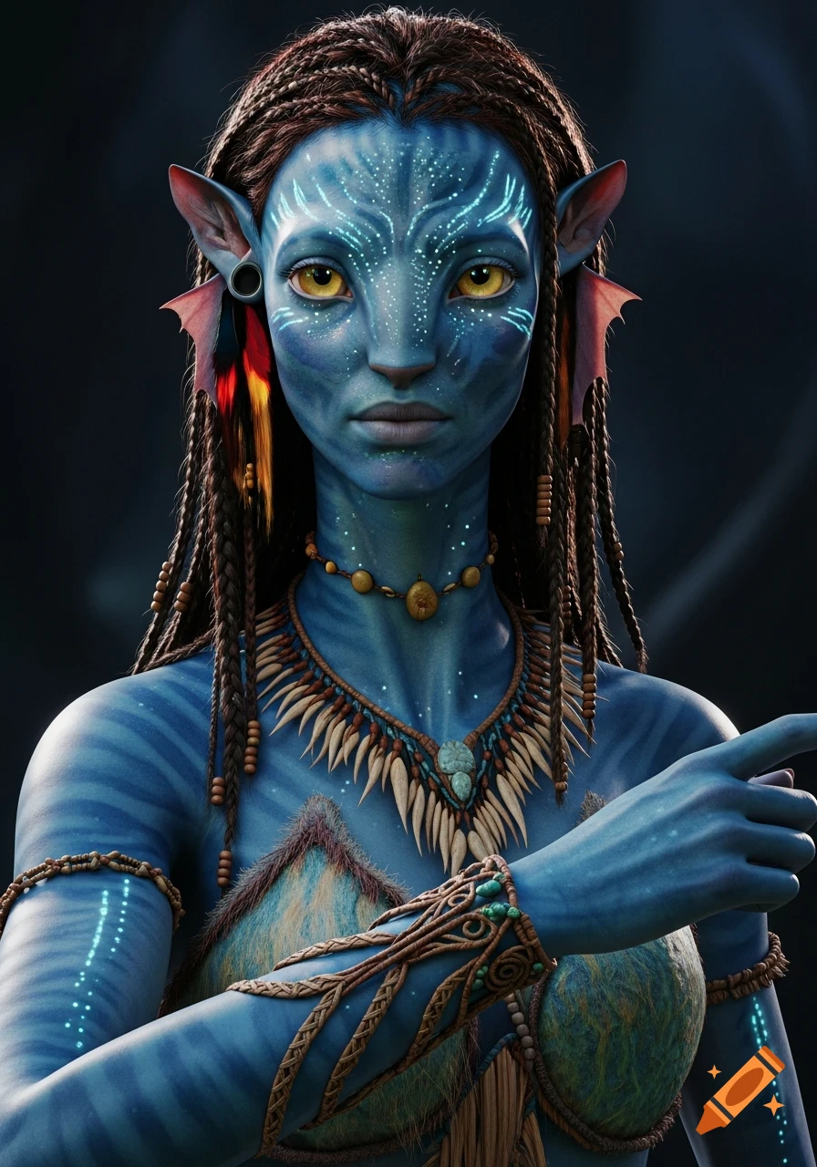 Photorealistic portrait of a female Na'vi character with blue skin, amber eyes, glowing marks, braided hair, and tribal jewelry, pointing.