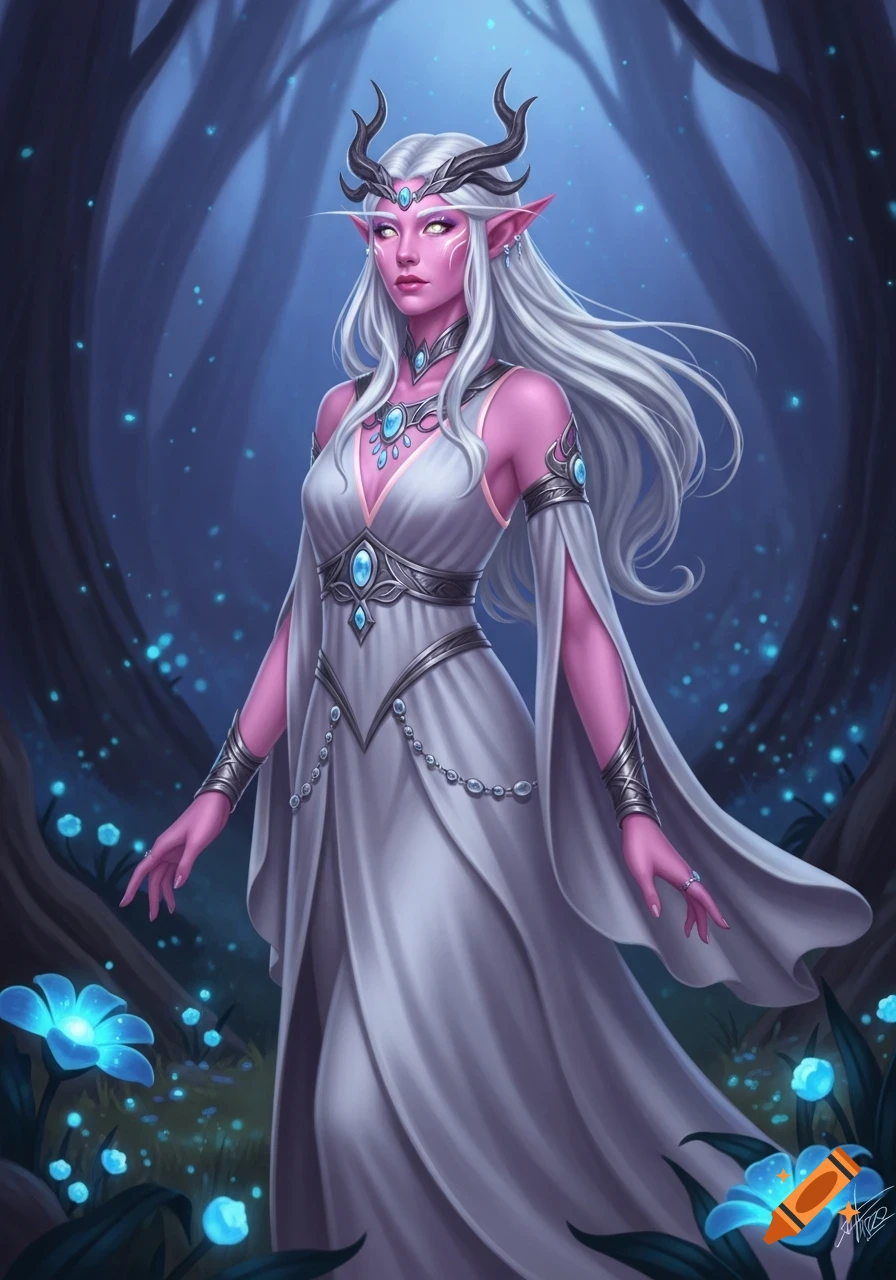 A pink-skinned elf woman with white hair and horns, wearing a white dress, stands in a mystical blue forest with glowing flowers.