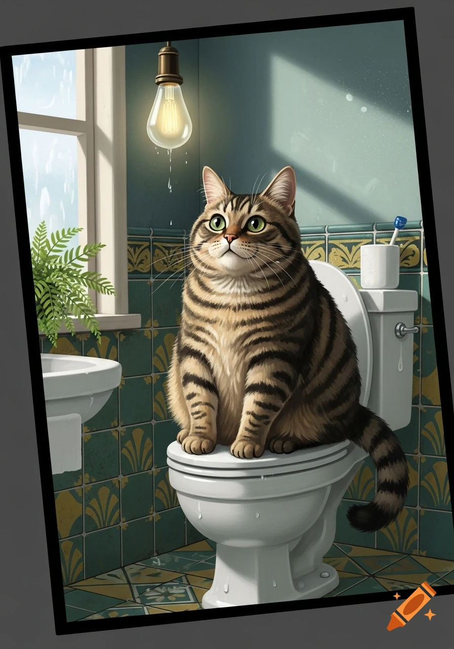 A cute tabby cat sits on a white toilet in a tiled bathroom with a hanging lightbulb, looking up.