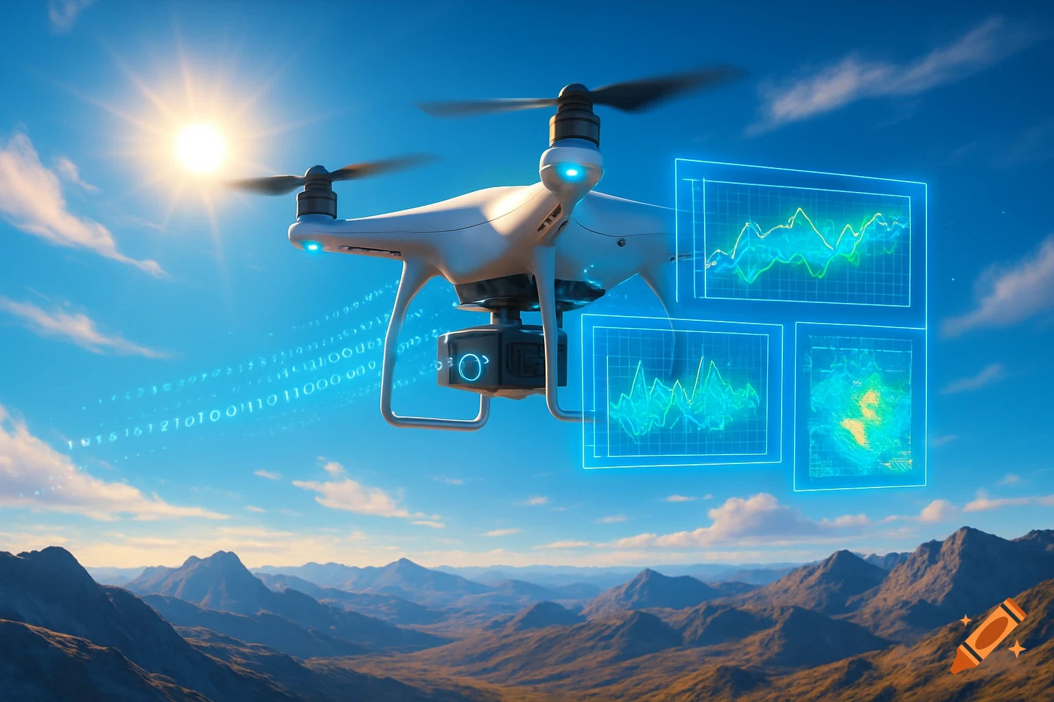 A white drone flies over a vast mountain range under a bright sun, displaying holographic data screens and streaming binary code. Photorealistic.