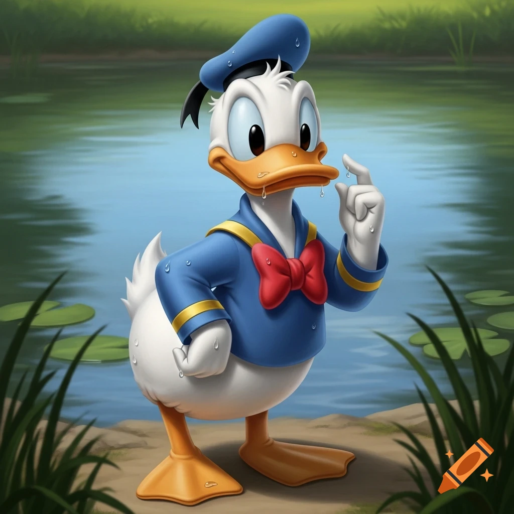 Donald Duck, covered in water droplets, stands by a pond with lily pads, touching his beak with a finger.