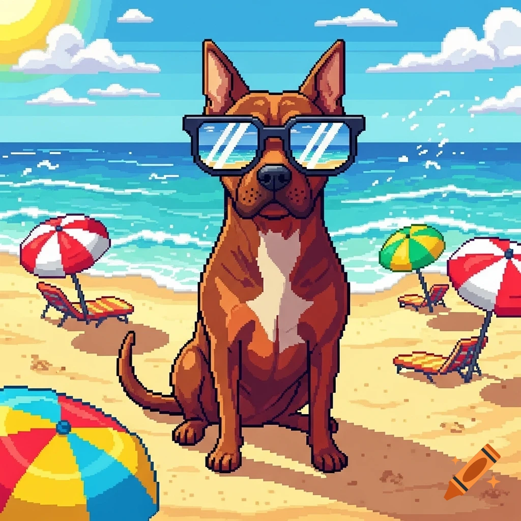 Pixel art illustration of a brown dog wearing sunglasses sitting on a sunny beach with umbrellas and the ocean in the background.