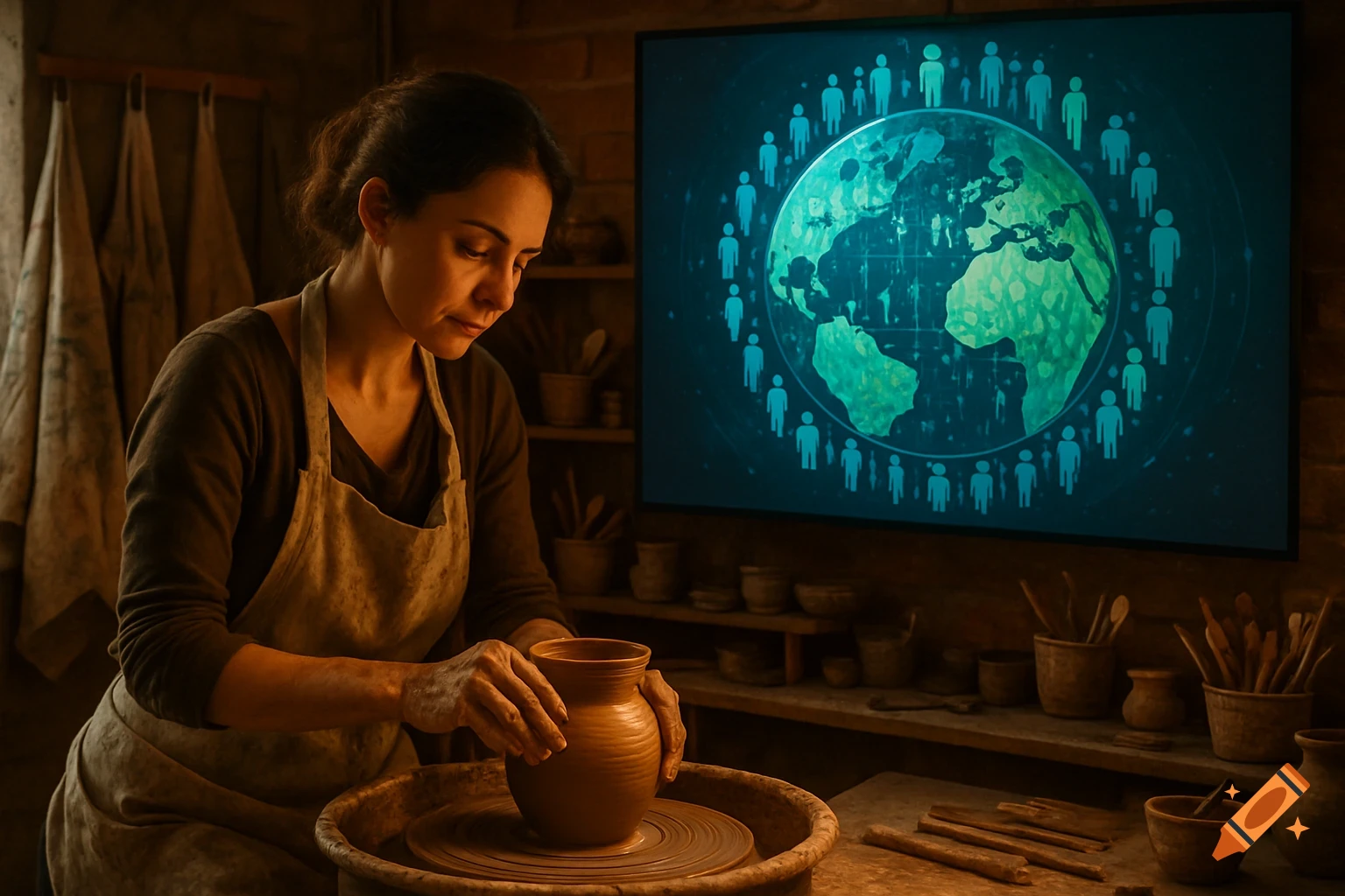 Woman shaping clay on a pottery wheel in a dimly lit workshop, with a glowing screen showing a global human chart on the wall.