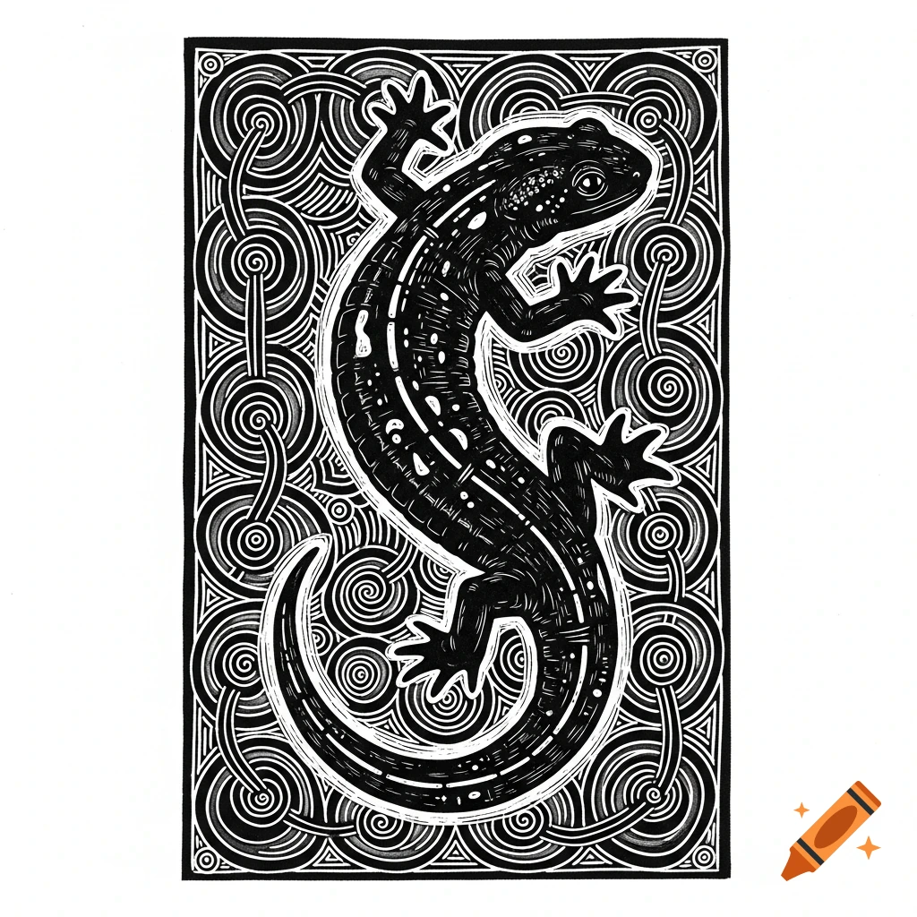 Black and white linocut of a salamander with spotted patterns, surrounded by intricate decorative swirls.