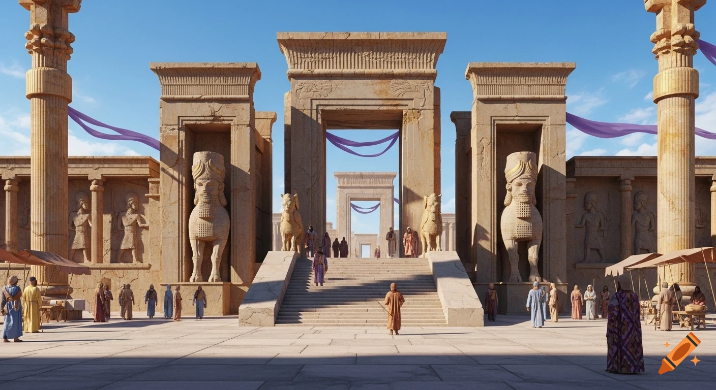 A majestic ancient Persian palace with towering gateways, columns, and mythical statues. People gather in the courtyard.