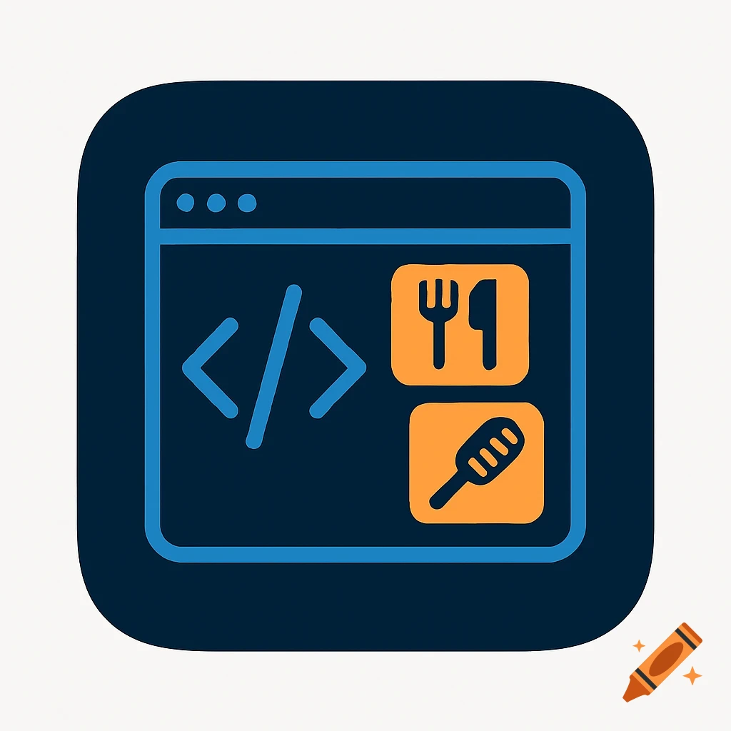 A dark blue app icon with rounded corners. Inside, a light blue browser window outline shows a </> code symbol and two orange boxes containing a fork and knife and a whisk.