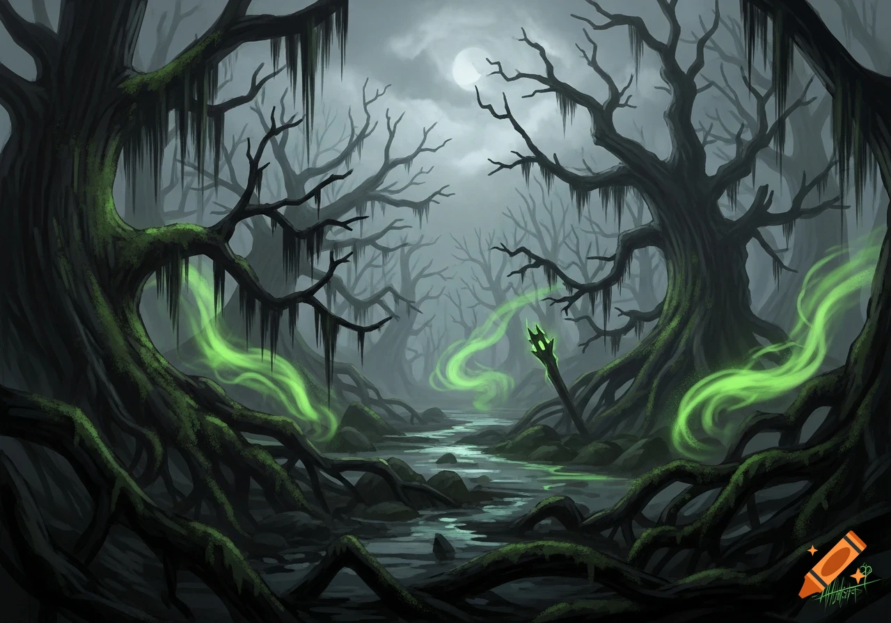 Dark fantasy illustration of a spooky swamp with gnarled, mossy trees, glowing green mist, and murky water under a full moon.