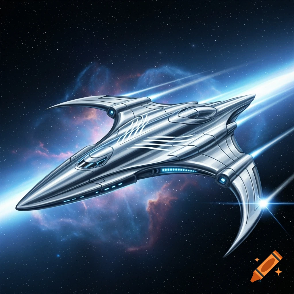 A sleek, chrome alien spaceship with glowing blue accents streaks through a starry nebula, creating light trails.