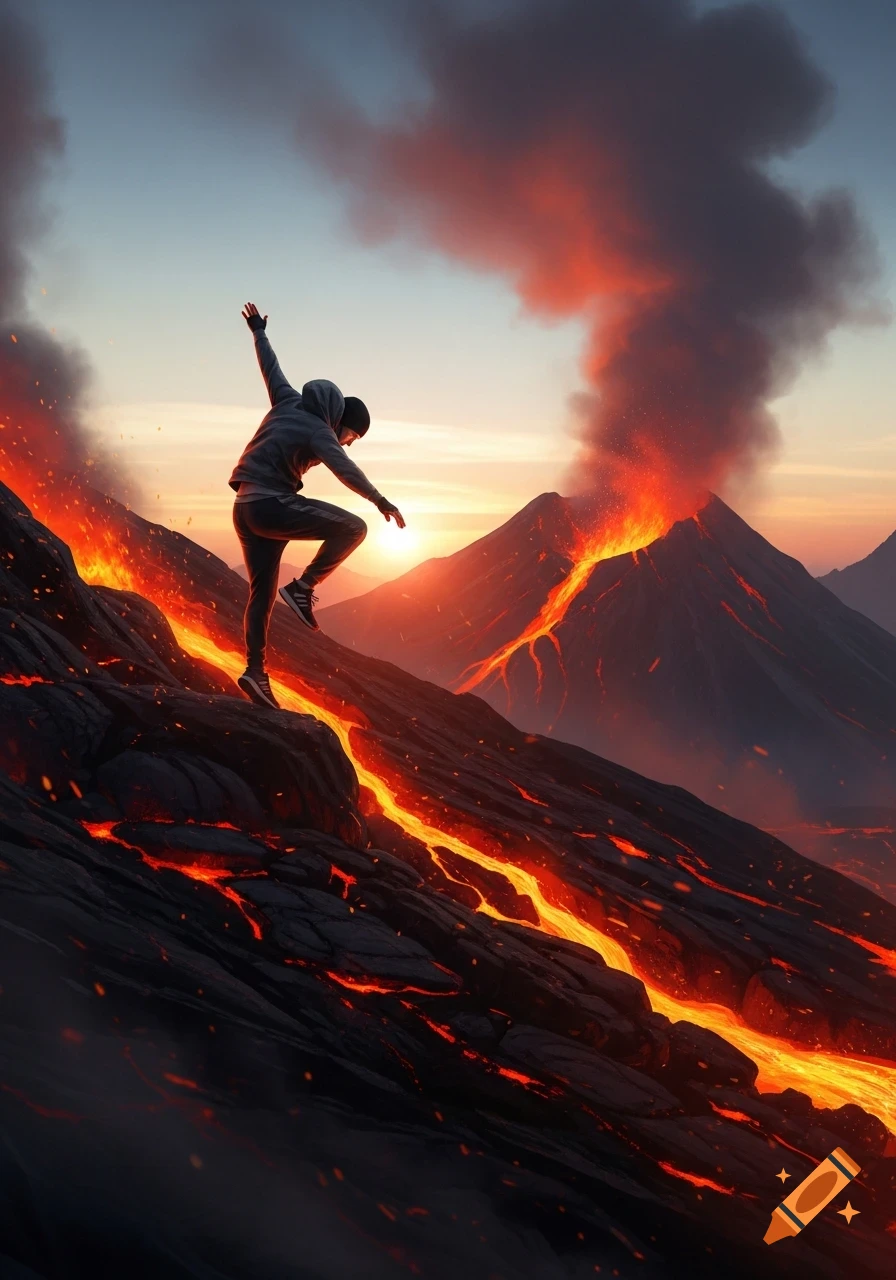 A person balances on a rocky slope as molten lava flows down erupting volcanoes at sunset.