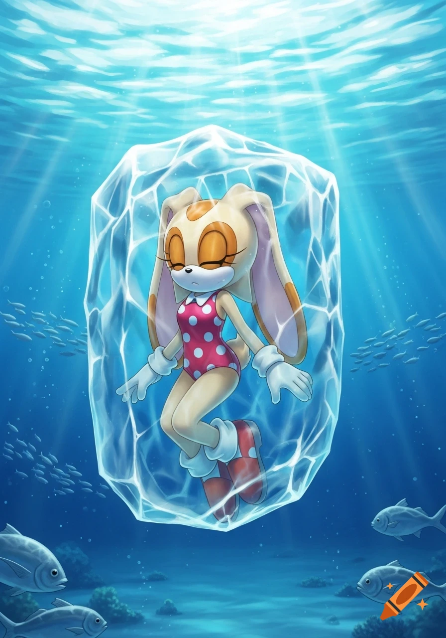 Anime illustration of Cream the Rabbit in a red swimsuit, frozen in an ice block underwater with fish and sunlight.